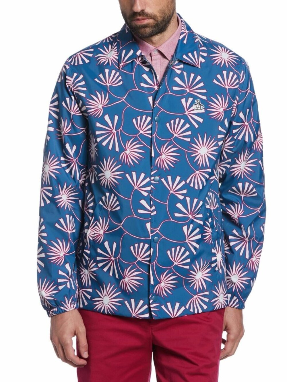 Original Penguin Men’s Leaf Print Rain Jacket Size L Blue Golf Windbreaker